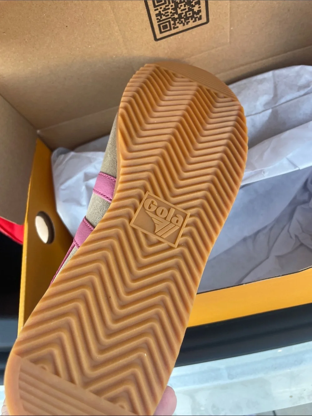 Gola Women's Bullet Pure Suede Sneaker in Tan with Pink Stripes